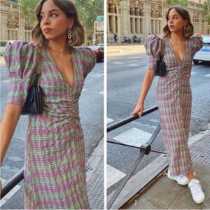 NWT Zara Seersucker Midi Dress Plaid Check Print V-Neck Balloon Sleeve M